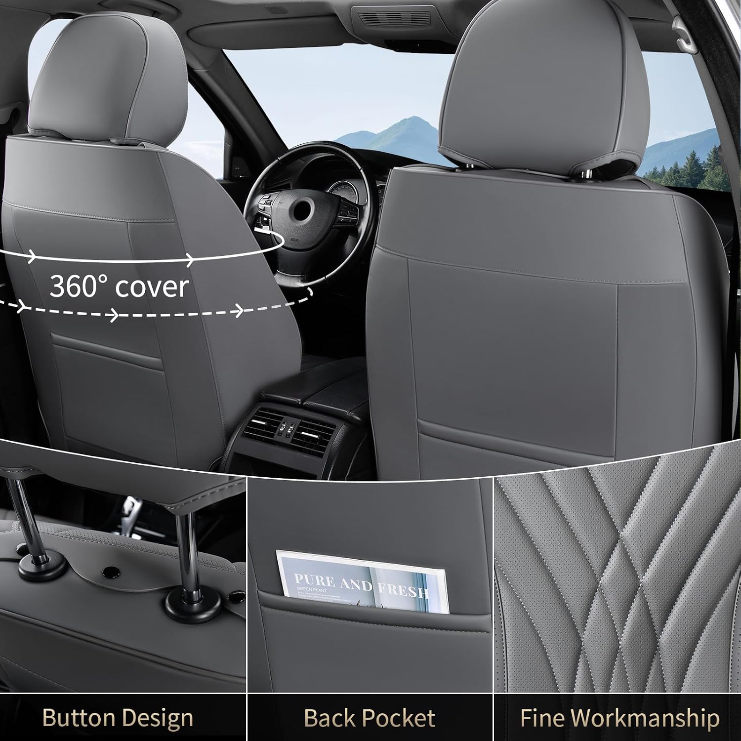 FLORICH Front Automotive Seat Covers, 2 Pcs Leather Seat Covers, Breathable Car Seat Covers, Waterproof Seat Cover, Gary Car Seat Cushion, Car Seat Protector Vehicle for Cars Sedan SUV Truck