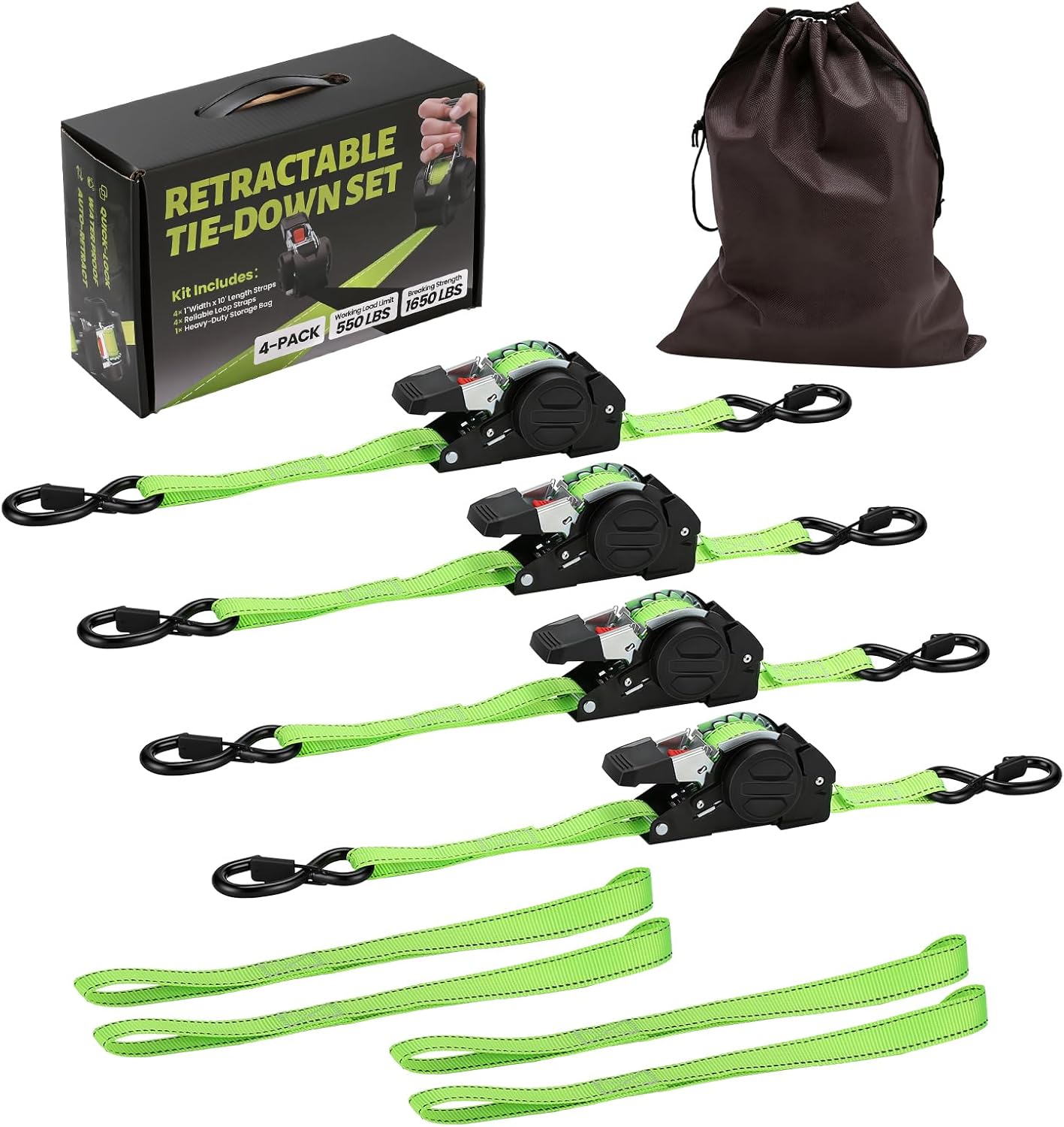 Roastove 4Pack Retractable Ratchet Straps 1" x 10ft, 1650 lbs Break Strength – Heavy Duty Tie Down Straps for Truck, Trailer, Motorcycle, ATV, UTV, Green
