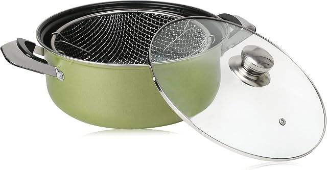 HMWD Large Non Stick Chip Frying Pan with Basket and Glass Lid with Steam Vent, Carbon Steel Deep Fat Fryer, Induction Safe, Stainless Steel - 26cm (Olive)