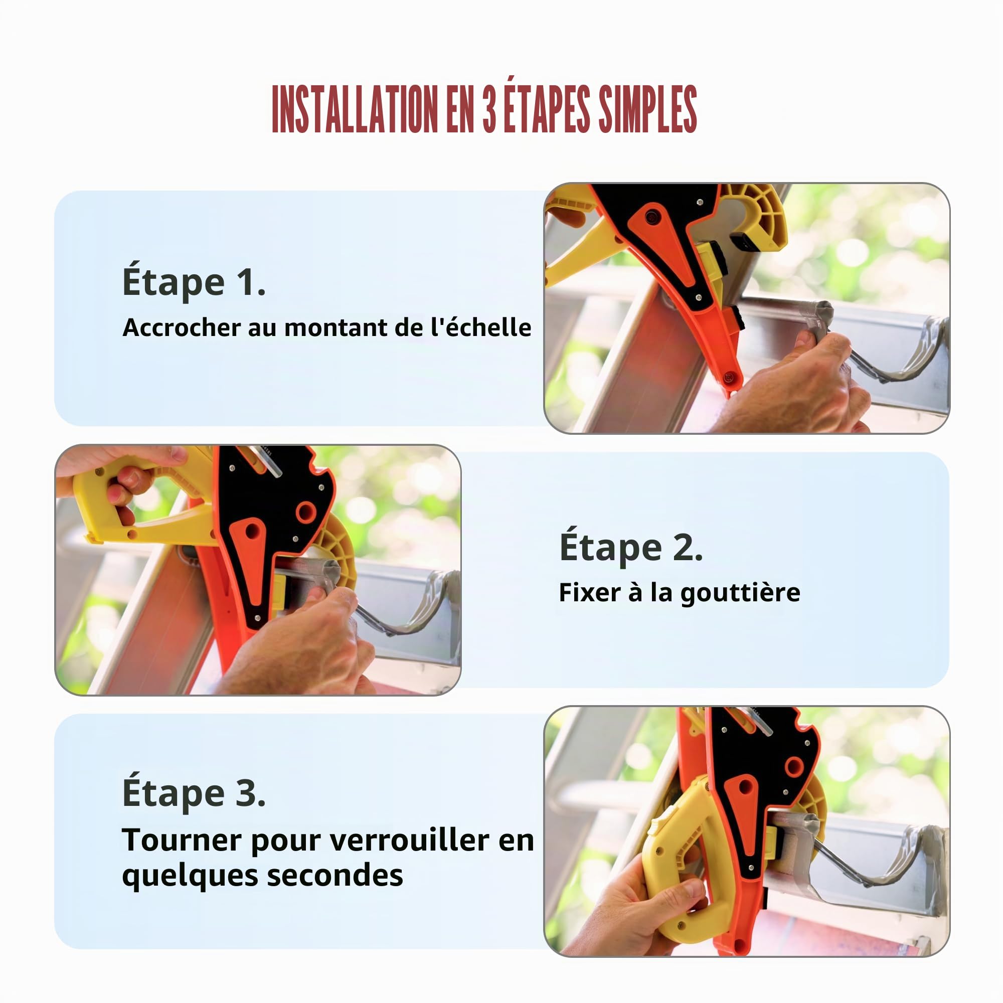 Lock Jaw Ladder Grip – Crochet stabilisateur pour échelle de toit et gouttières, installation rapide en 5 s avec Slide-Lock sécurisé, évite glissements et protège les gouttières. (Lot de 1)