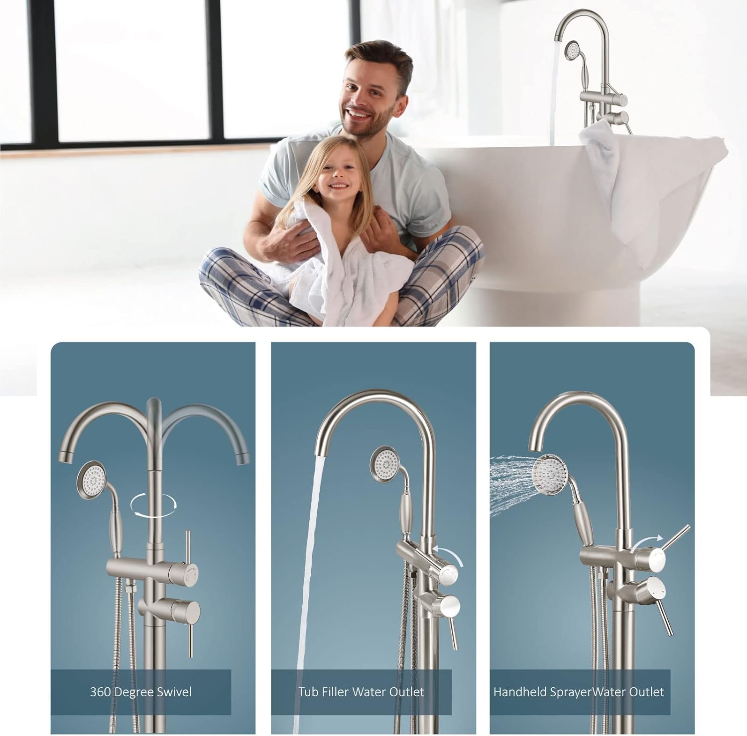 Aolemi Floor Mount Bathtub Faucet Freestanding Tub Filler Standing High Flow Shower Faucets with Vintage Handheld Brushed Nickel
