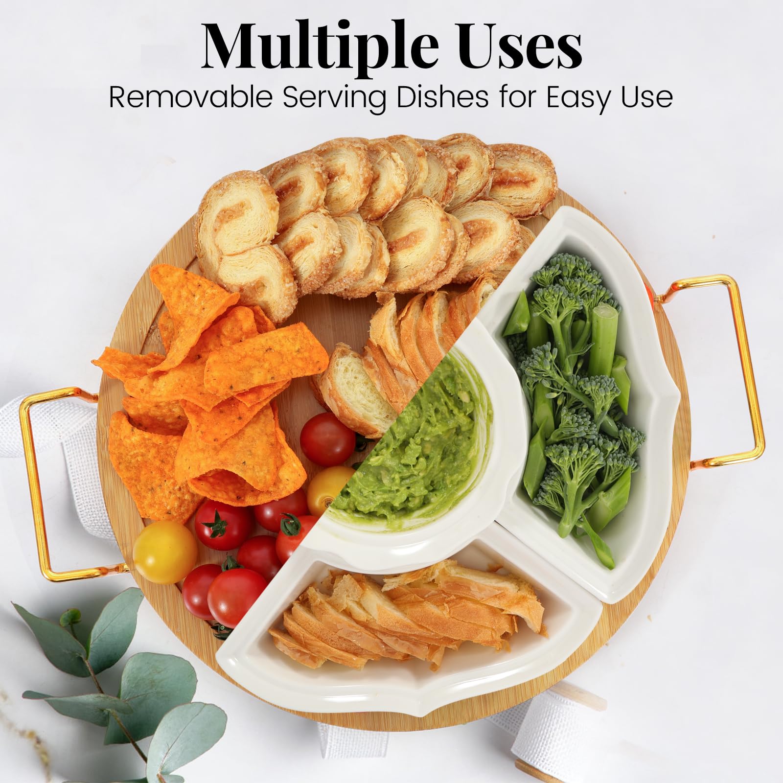 PLAPITATE Bandejas y platos para servir fiestas, bandeja de cerámica para servir Lazy Susan con secciones divididas, bandeja giratoria para servir aperitivos, para frutas, verduras, patatas fritas y