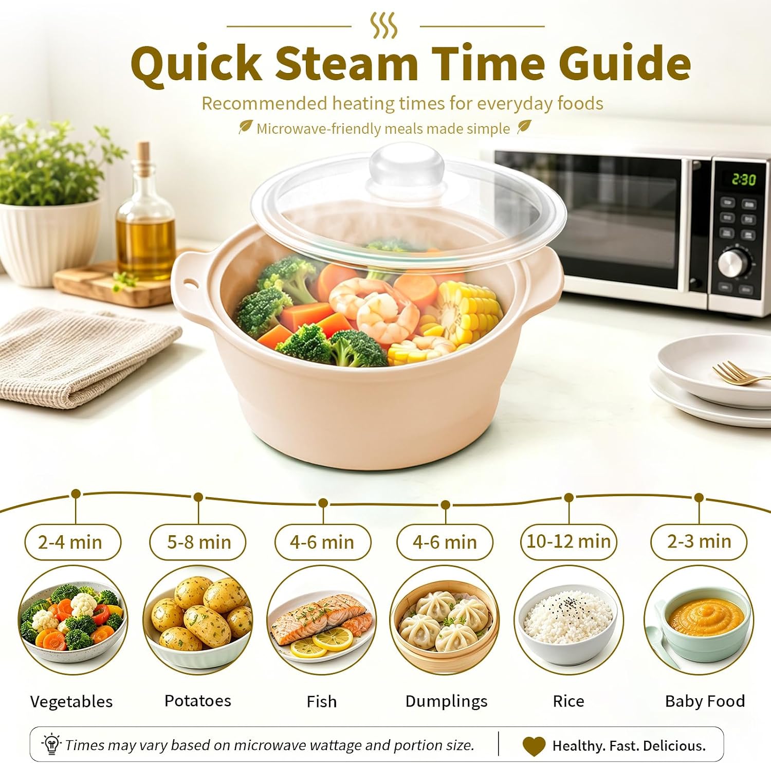 Collapsible Silicone Microwave Vegetable Steamer, 42oz Microwave Steamer with Lid & Removable Steam Rack, BPA-Free Small Steam Pot for Vegetables, Dumplings, Seafood – Dishwasher & Freezer Safe-Beige image 5