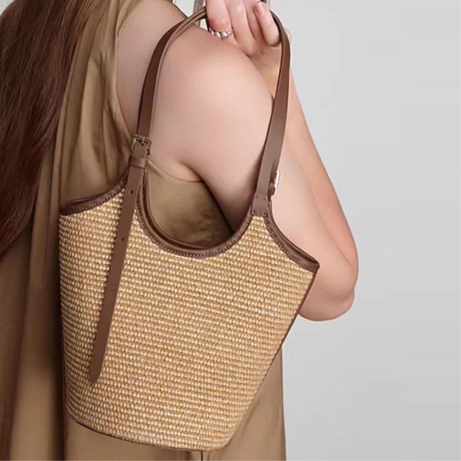 Borsa Tracolla Estate Paglia Tessuto Tote Donna Moda A Spalla Cinturina Regolabile Vacanza Spiaggia-brown-26x23x14cm