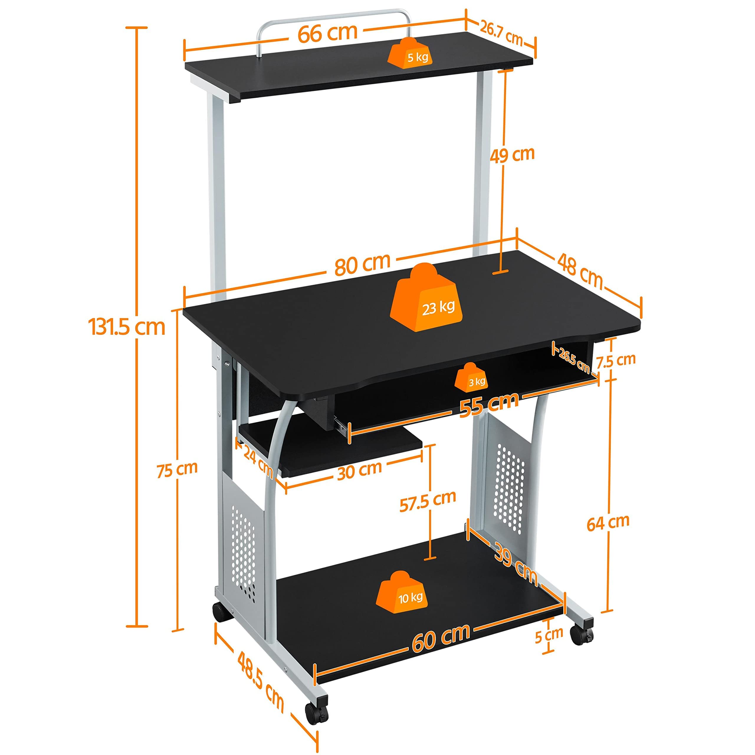 Yaheetech Mesa de Ordenador con Ruedas 80x50x132cm Mesa de Trabajo Móvil Escritorio con Estantería Bandeja para Teclado para Estudio Casa Oficina Negro