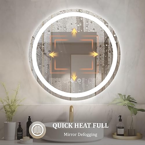 Miniatura 6 de WallBeyond Espejo de baño LED con luces, espejo de baño redondo de 24 pulgadas con luz frontal y retroiluminada, espejo LED antivaho para baño, 3