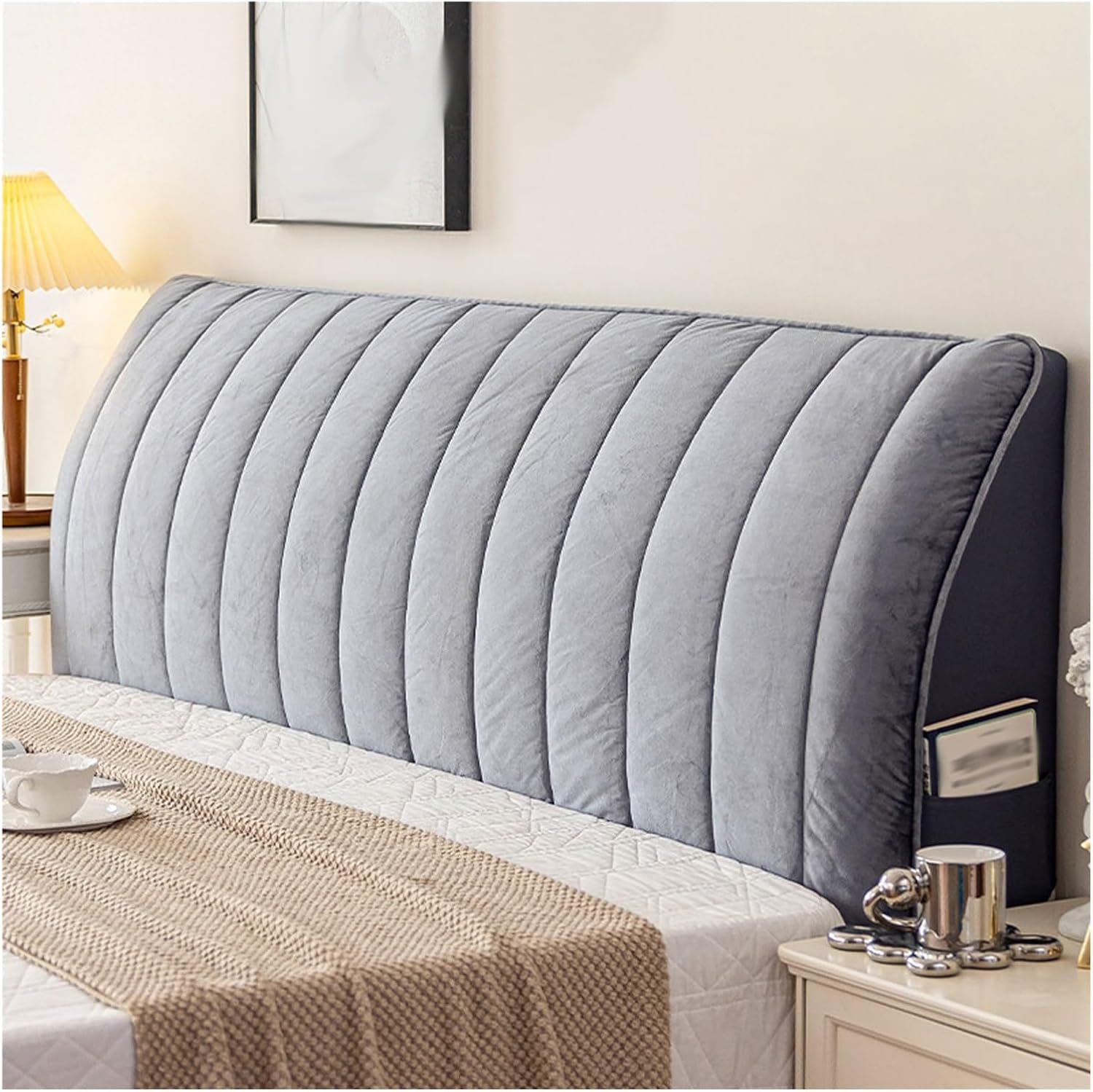 Velvet Stretch Bed Head Cover for Bedroom and Hotel Decor Stretch Cover with Storage Pocket, Easy to Install, Soft Fabric Upgrade(Gray,74.8in)
