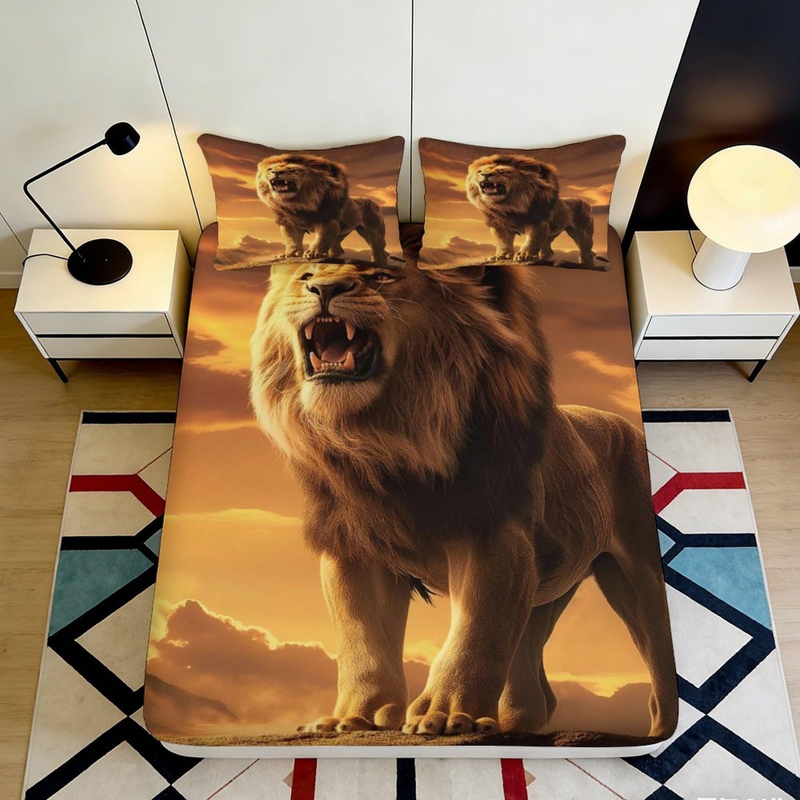 Zfldkwgb Style-4 3D Printed Majestic Lion Fitted Sheet Microfiber Soft Breathable Sunset Savannah Mattress Cover Bedroom Decor 90X200x25cm
