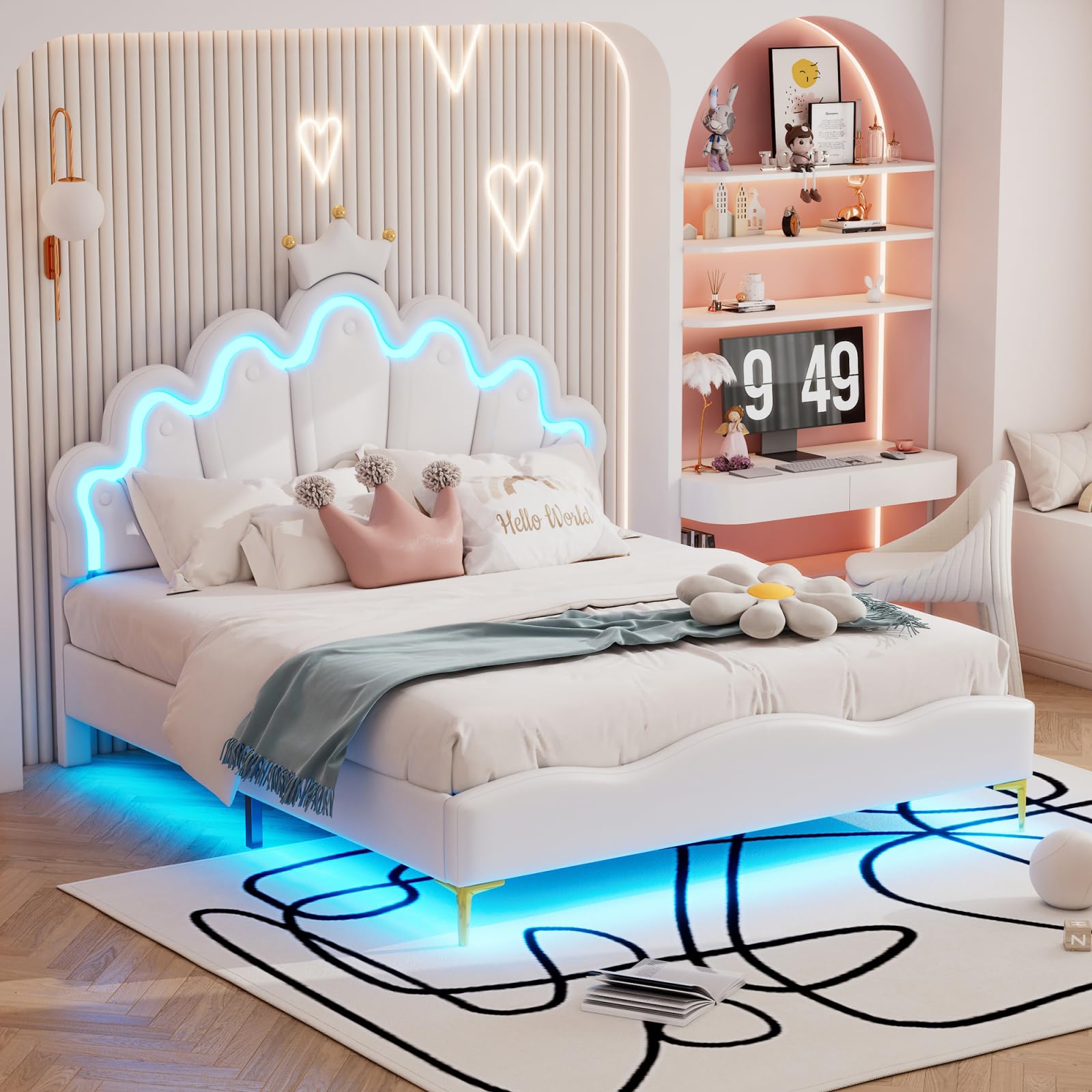 PerGar Lit de princesse pour fille - Avec barre lumineuse LED - Coussin en cuir synthétique souple - Lit de princesse avec hauteur de tête de lit réglable (blanc, 140 x 200 cm)