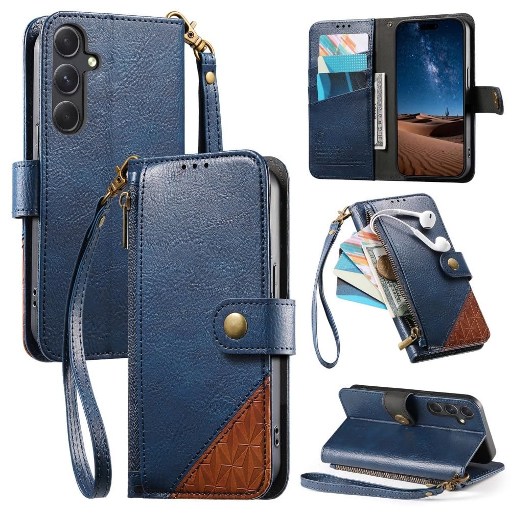 Étui portefeuille Samsung Galaxy A50 résistant aux chocs avec zip bleu - 7