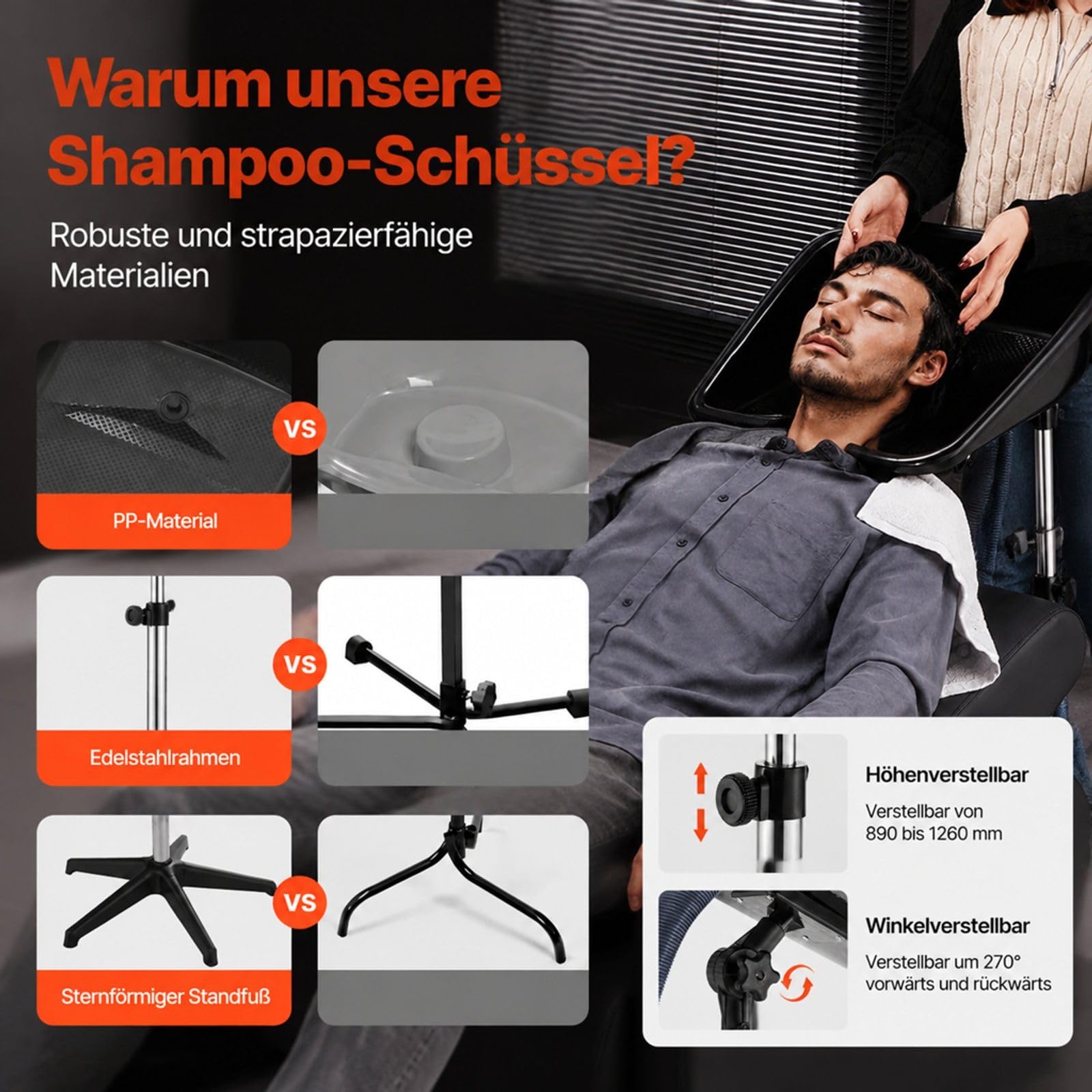 Mobiles Haarwaschbecken mit Standfuß, höhen- und winkelverstellbar, Ablaufschlauch für Friseursalon und Barbershop