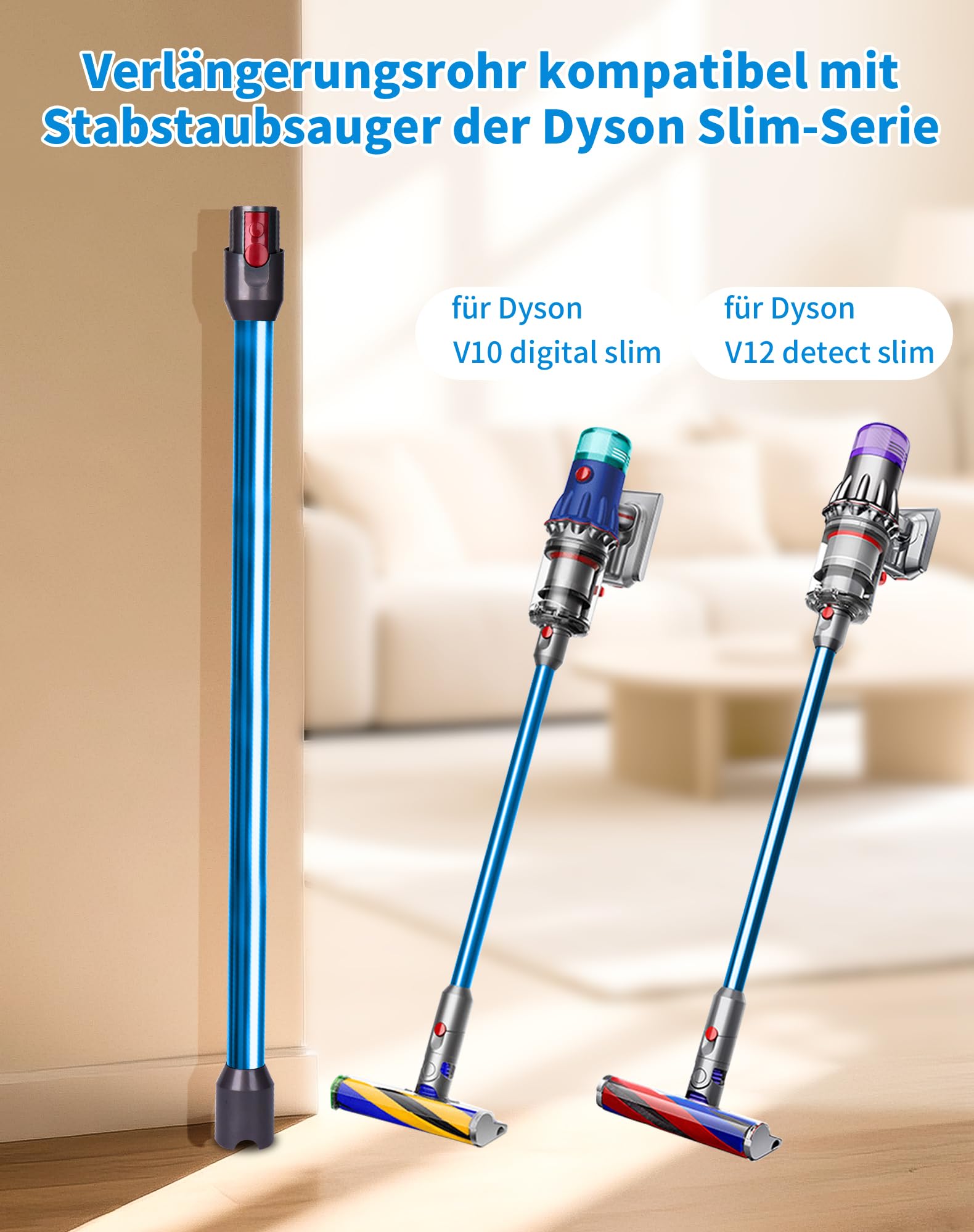 Tubo de extensión para aspiradora Dyson V12 Detect Slim / V10 Digital Slim de 74 cm, tubo telescópico de aluminio con liberación rápida – Accesorio de repuesto para tubo de aspiración, color azul