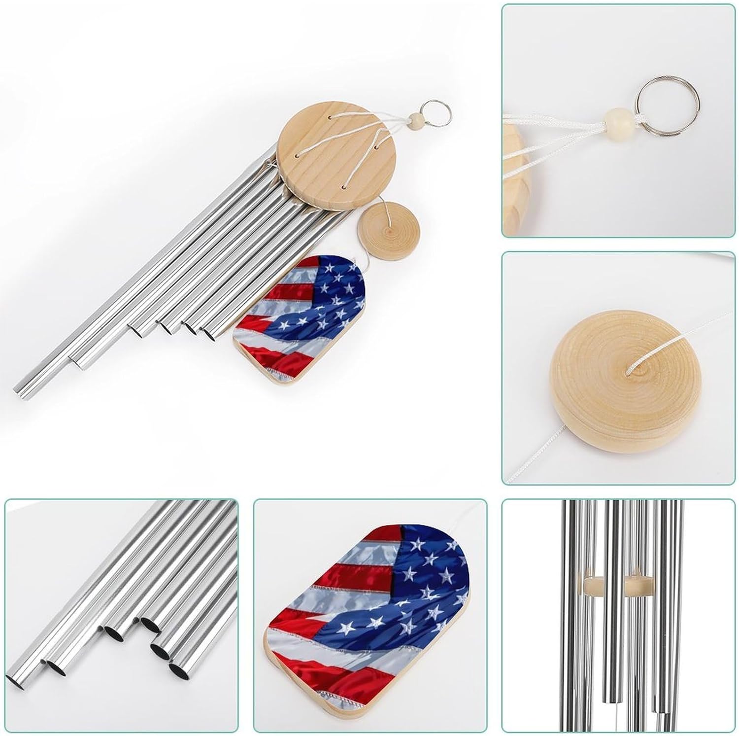 U.S. Flag Wooden Wind Chimes Deep Tone Memorial Windchime for Outside Garden Home Decoration