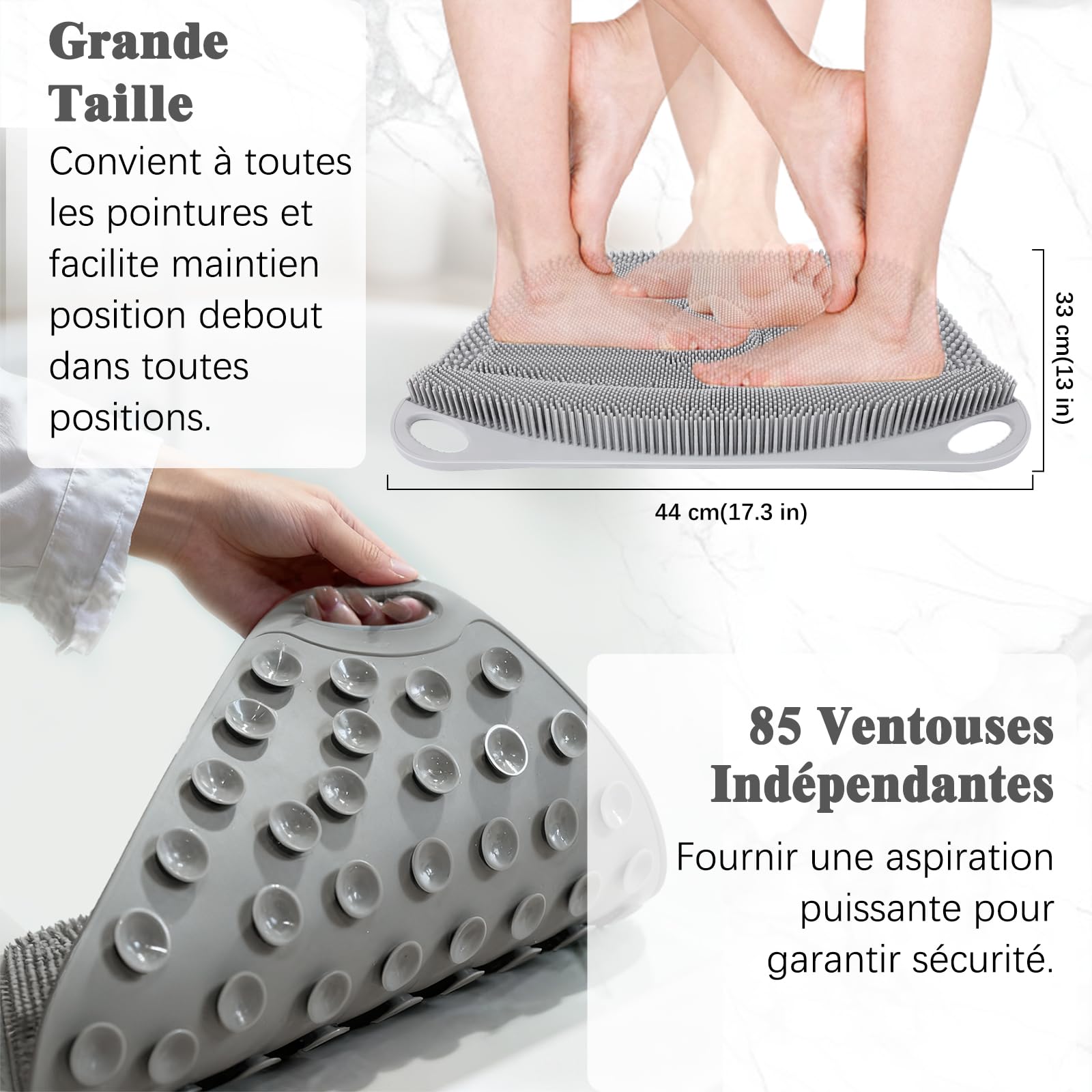 FREATECH Grand Brosse Pieds Douche Shower Foot Scrubber avec Ventouses Antidérapantes, Nettoyage, Exfoliation et Massage Complet des Pieds Sans Baisser, Amélioration Santé des Pieds, Gris - 44 x 33 cm