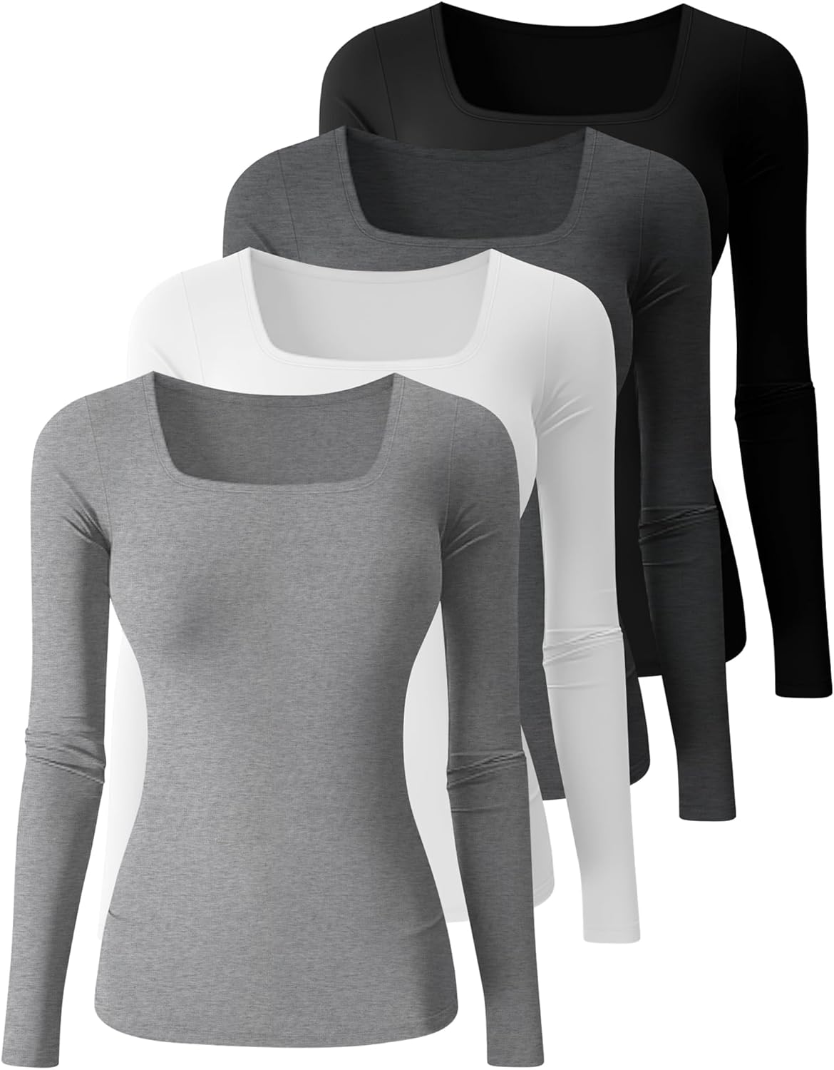 Riyiper 4 Pack Women's Square Neck Long Sleeve Tops Going Out Slim Fit Shirts Tight Layer Basic Tee 2026 Winter - Image 3