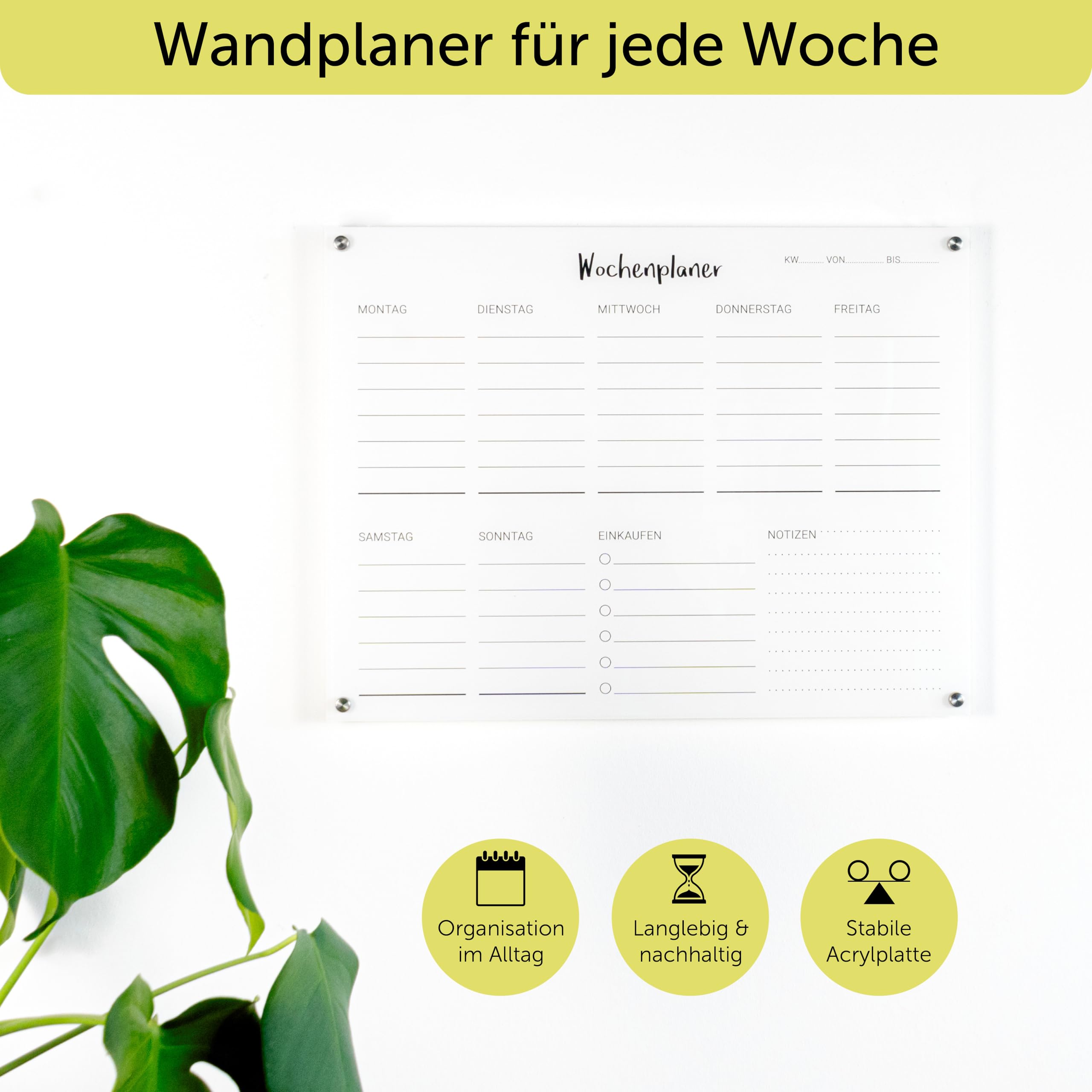 Wochenplaner Acryl 60x50 cm beschreibbar abwischbar Wandplaner Familienplaner transparent