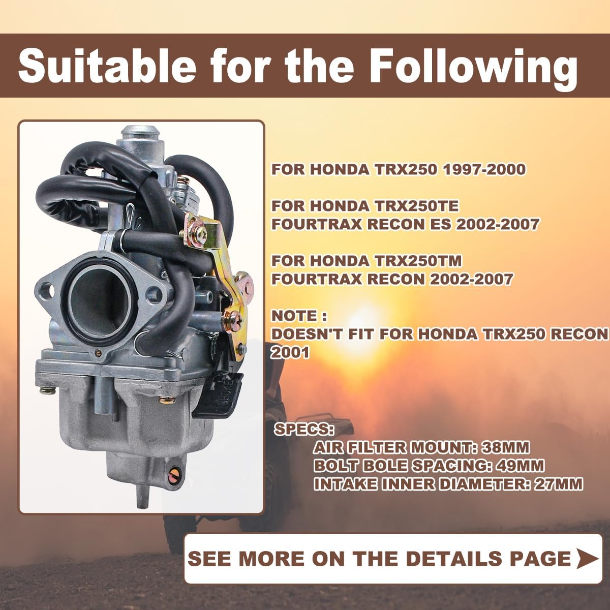 Recon 250 Carburetor Fit for Honda TRX 250 Recon250 TRX250TM TRX250TE ATV Carb with Air Filter and Fuel Petcock