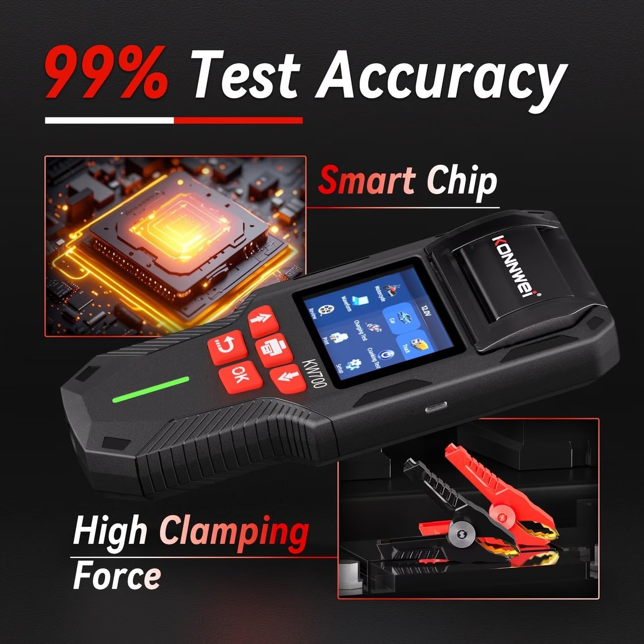 KONNWEI KW700 12V/24V Autobatterie Tester mit Drucker, Digitales Batterie-Analysegerät für PKW, LKW, Motorrad, AGM/GEL/EFB/Lithium Batterien,CCA/EN/DIN Normen, Start-Stopp,Lade- & Startsystem Diagnose