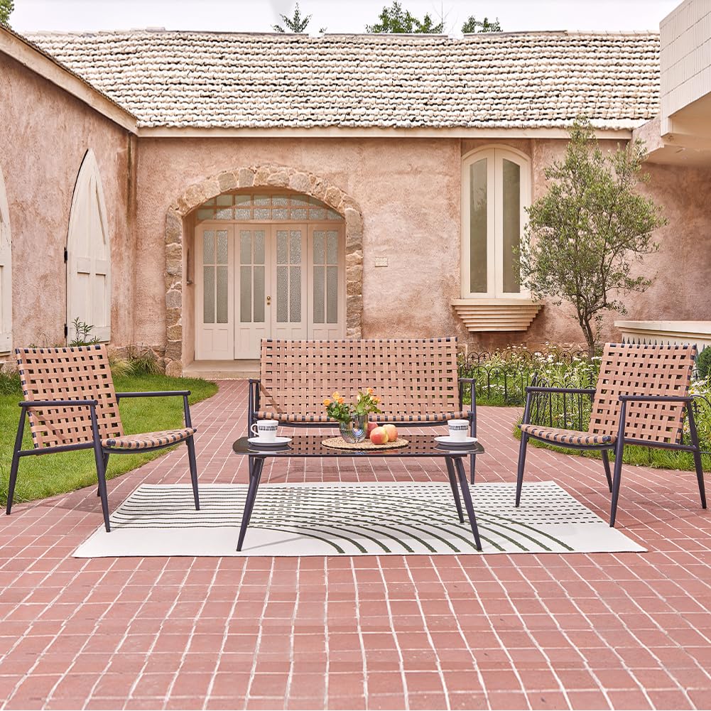 Shally Dogan Set Patio 4 Pezzi da Giardino con Seduta Design Intrecciato in Polyrattan e Tavolo con Piano Vetro, Salotto da Esterno, Salottino per Bar, Ristorante, Patio, Bistrot, Terrazzo (4 Posti)