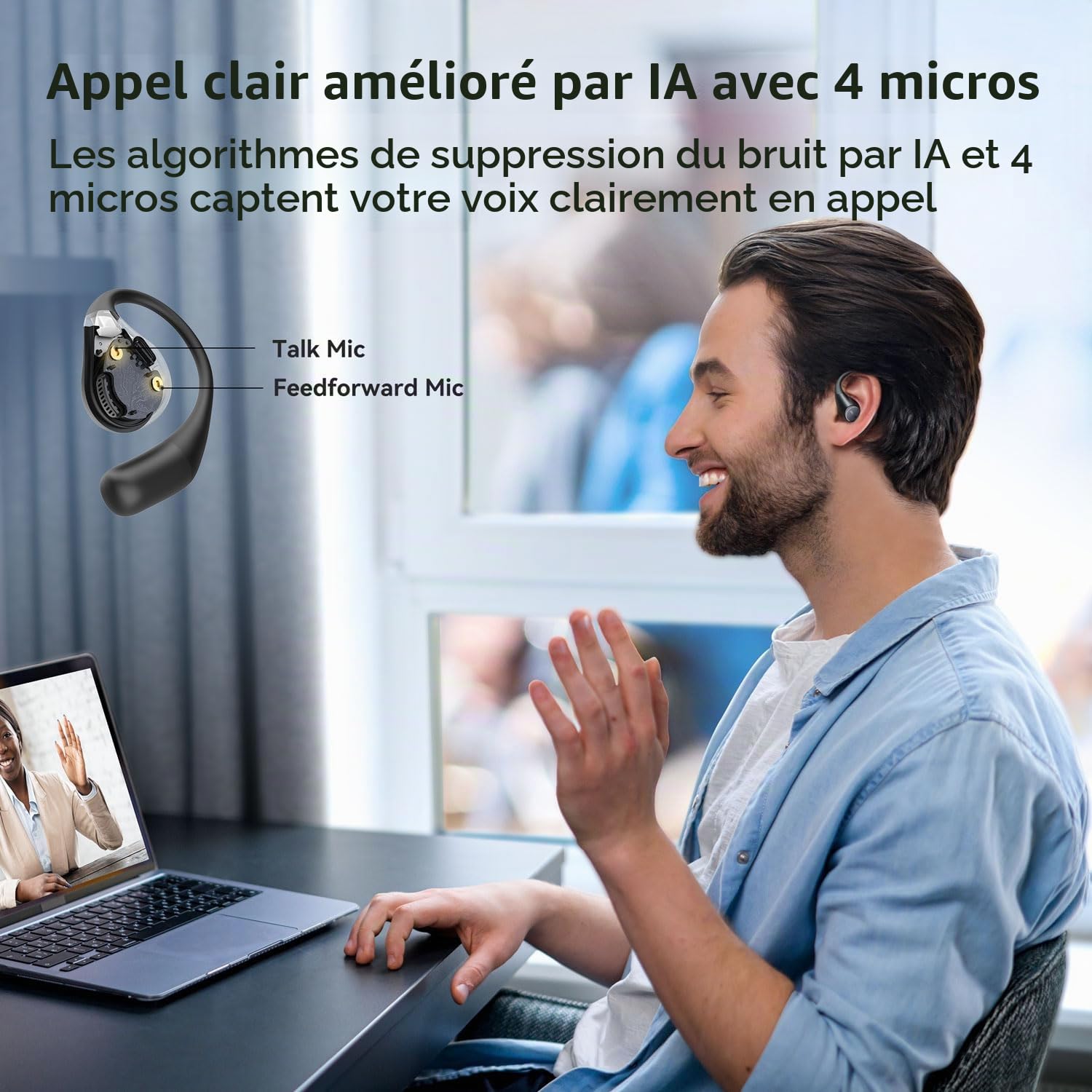 EarFun OpenJump Écouteurs sans Fil, Crochets d’Oreille Réglables | Hi-Res Audio, LDAC, 42 H d'autonomie, Recharge Sans Fil, IPX7, Appels Clairs avec IA, Mode Jeu, Connexion Multipoint, Noir