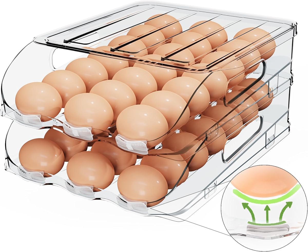 Egg Holder for Fridge, Automatic Steady Rolling Egg Dispenser with Silicone Bumpers & Handle for Refrigerator, Large Capacity Egg Organizer with Lid