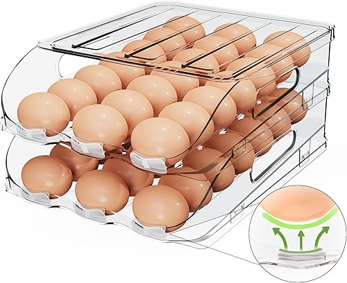 Miniatura 9 de Soporte de Huevos para Refrigerador, Dispensador de Huevos Automático de Rodamiento Estable con Parachoques de Silicona y Asa para Nevera,