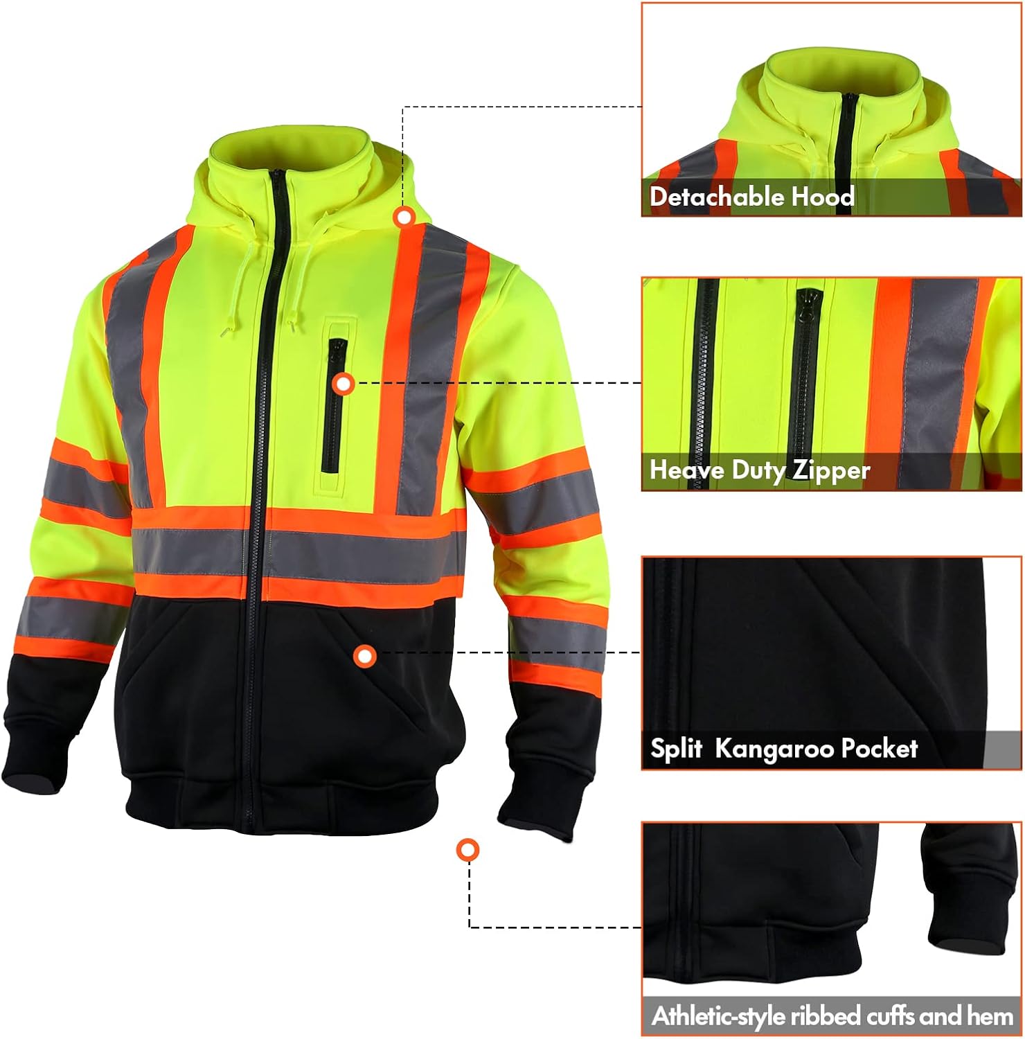 VENDACE High Visibility ANSI Class 3 Reflective Safety Fleece Sweatshirt Hoodie for Men with Detachable Hood(Yellow,XL) - Image 4