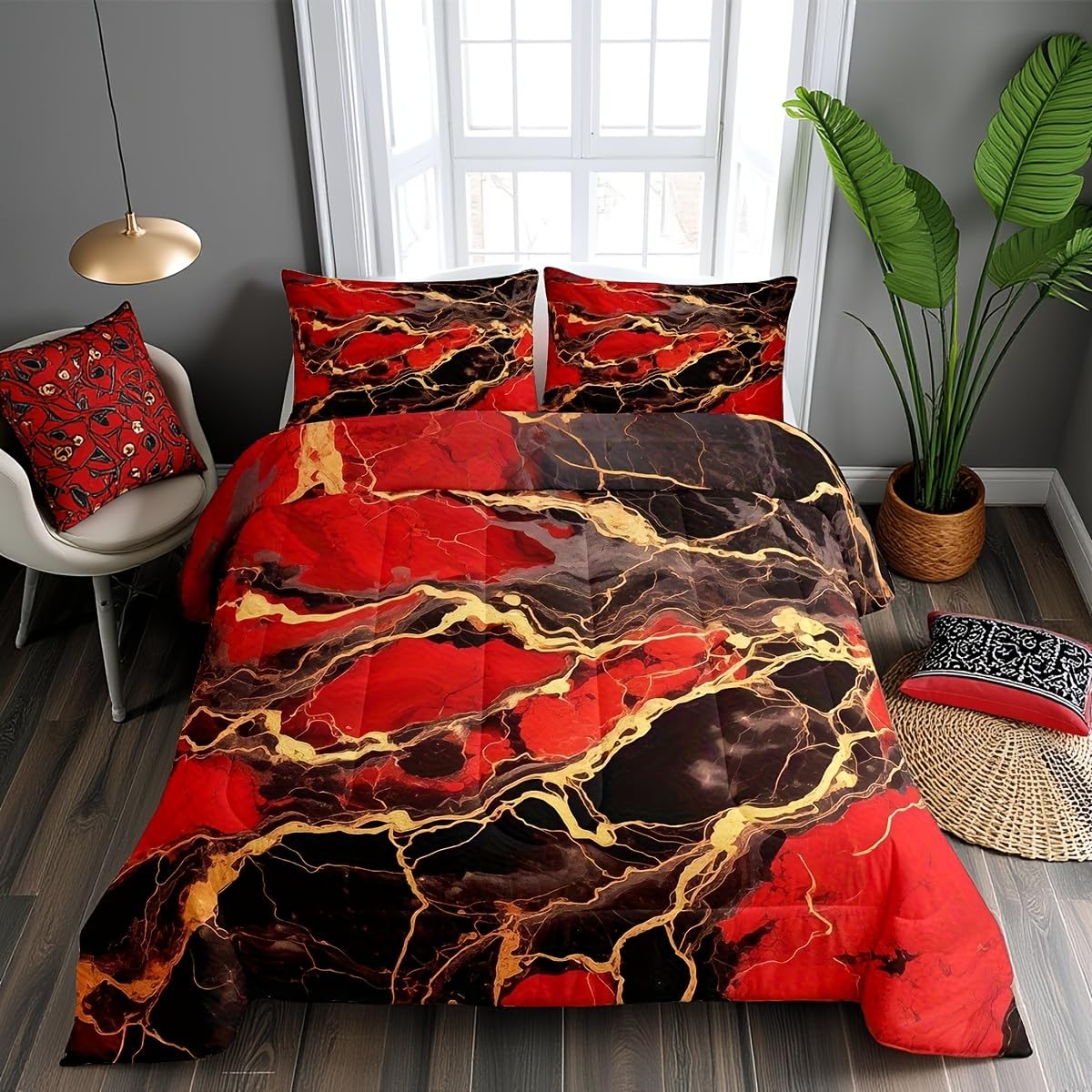 Parure de lit marbré géométrique dorée pour rafraîchir une chambre terne