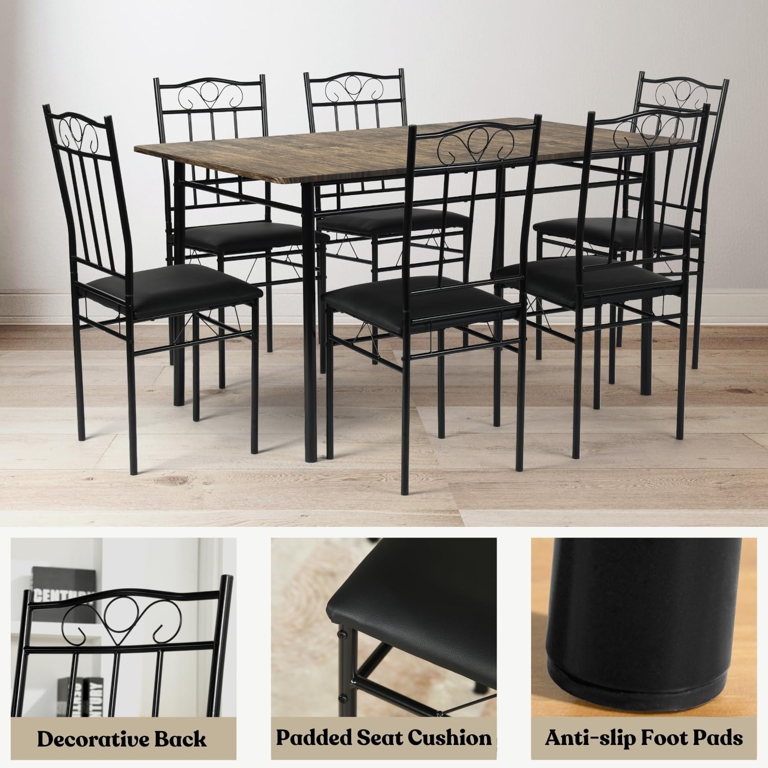 Close-up of dining set features: decorative chair back, padded seat cushion, and anti-slip foot pads
