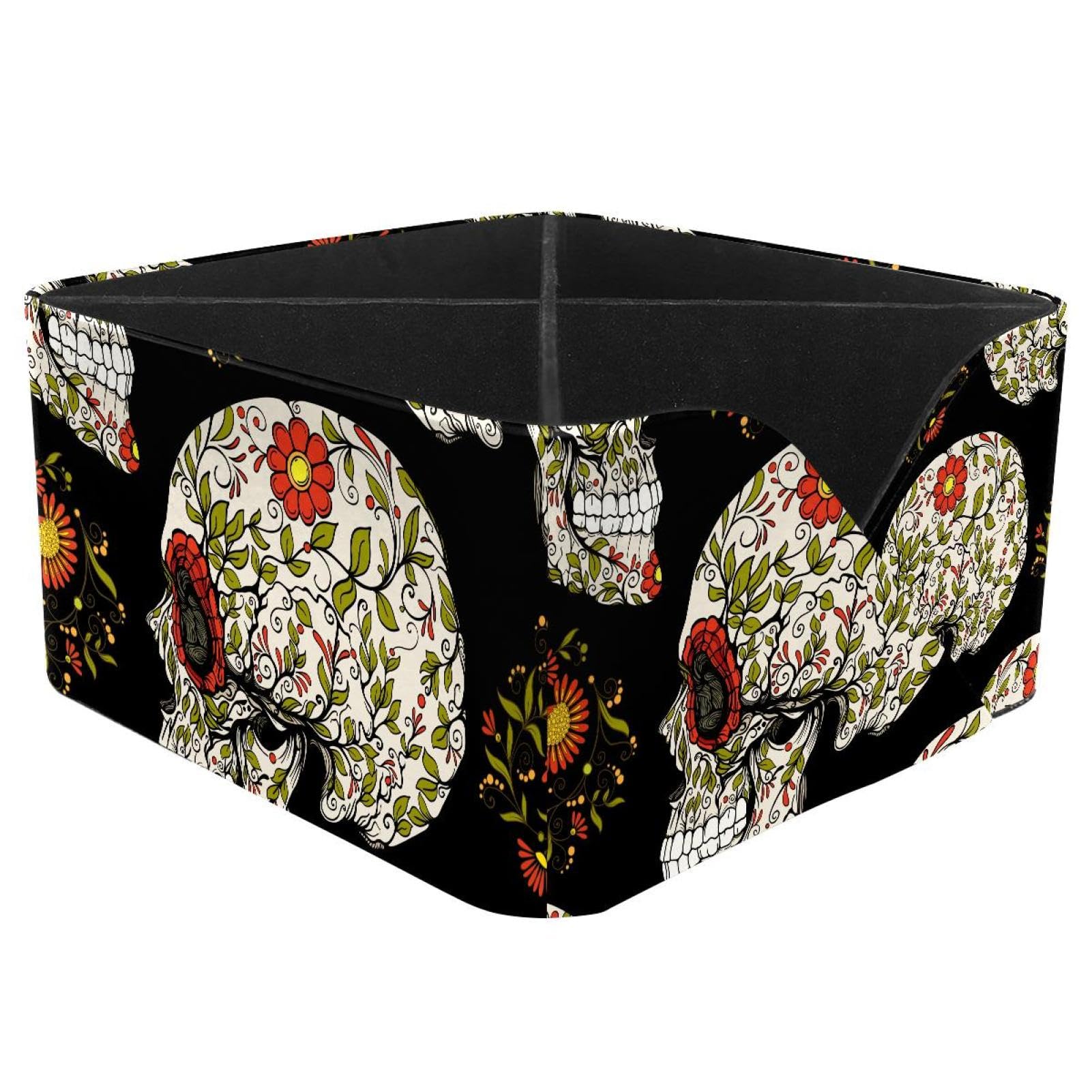 KengjuTesu Sugar Skull Floral Desktop Organizer Pen Holder, Rectangular Pencil Cup for Office, Study and Makeup Stations