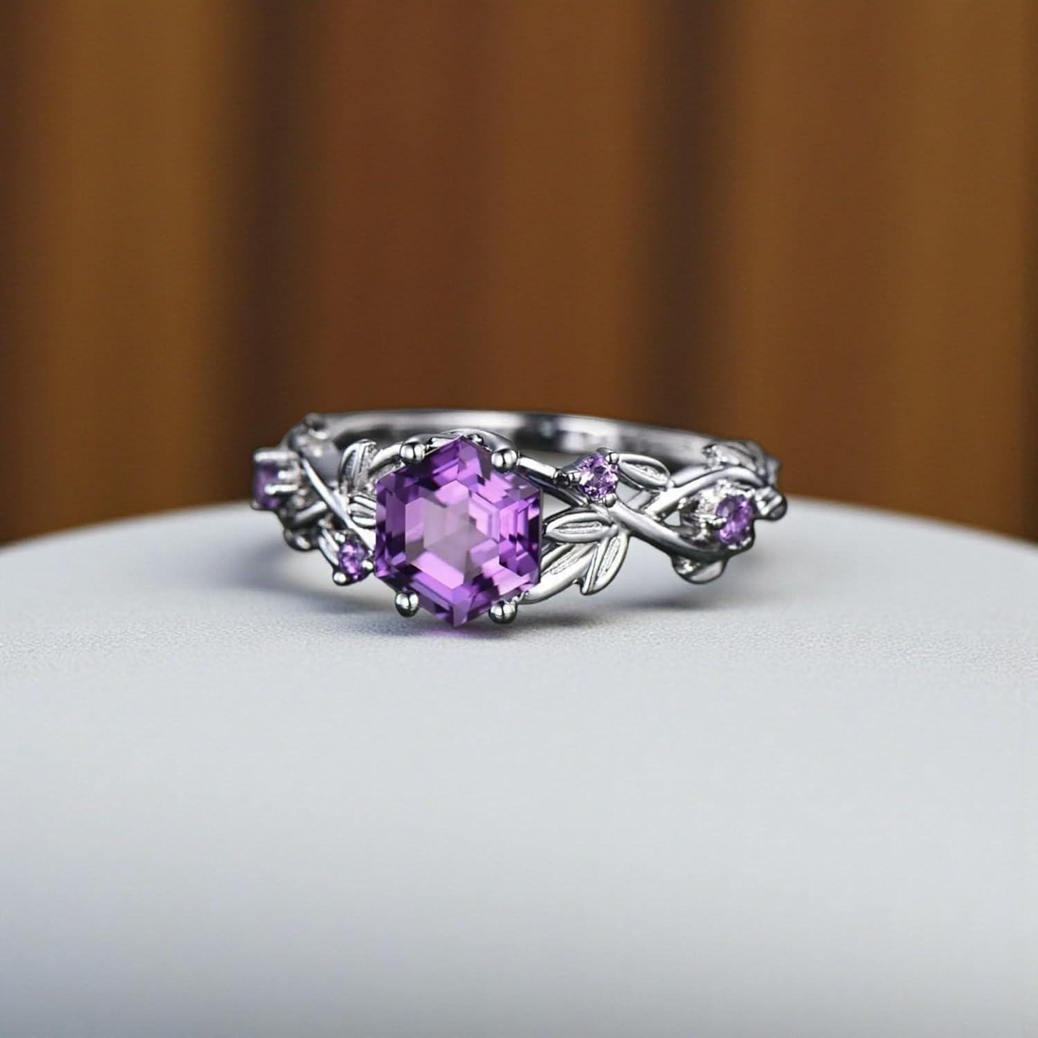 Hexagon Cut Amethyst Leaf Vine Engagement Ring 14K Rose Gold Plated Nature Inspired Floral Art Deco Wedding Promise Ring For Women Birthday Gift