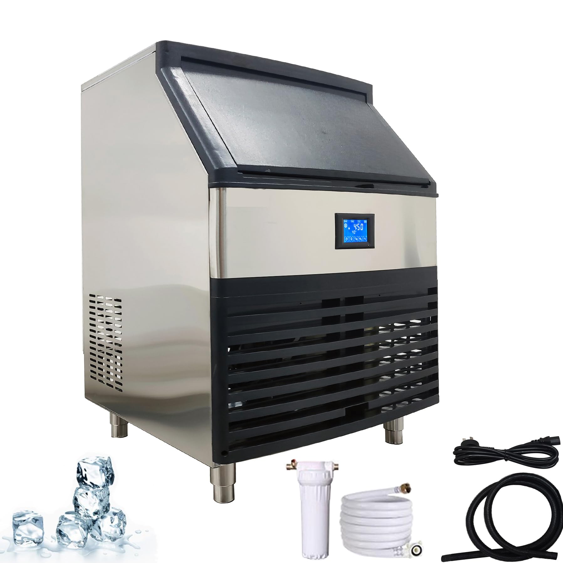 INTSUPERMAI Commercial Ice Maker Machine 400LBS/24H Water Cooled Stainless Steel Industrial Ice Machine 850W Stainless Steel Electric Nugget Ice Machine with 126 Ice Cubes Ready in 5-15min