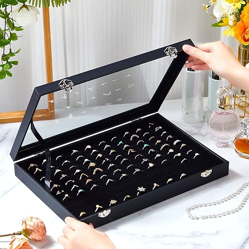 Miniatura 5 de Yinkin Caja organizadora de anillos de 100 ranuras con tapa de vidrio transparente, bandeja de exhibición de collares, estuche de anillo