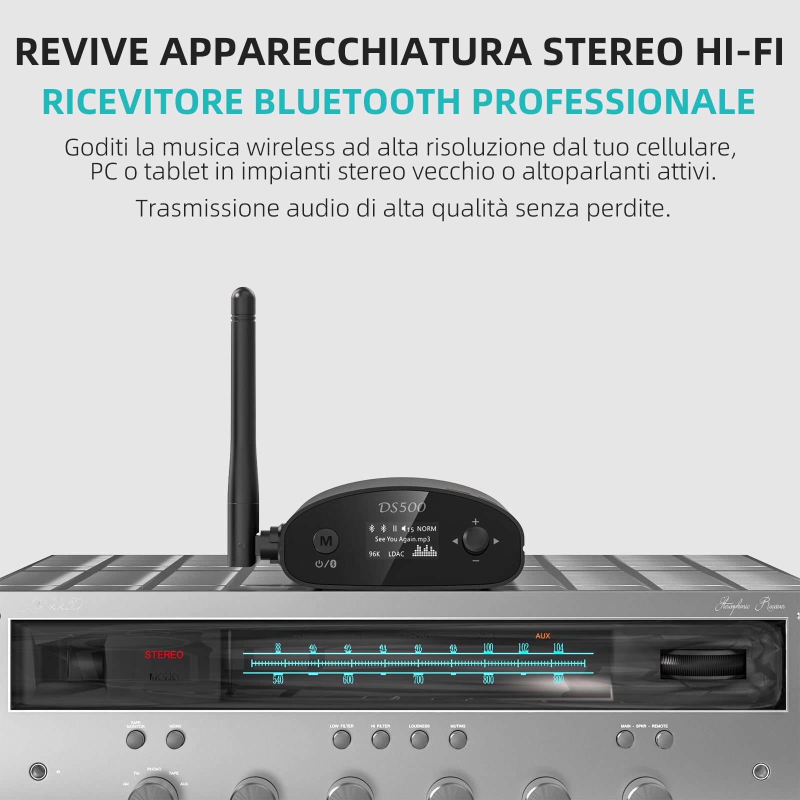 1Mii Ricevitore Bluetooth HiFi LDAC, Adattatore Audio Bluetooth 5.3 con DAC Audiofilo, aptX HD e Bassa Latenza, con Uscita RCA/Ottica/Coassiale, Display OLED per Stereo, Amplificafore-DS500