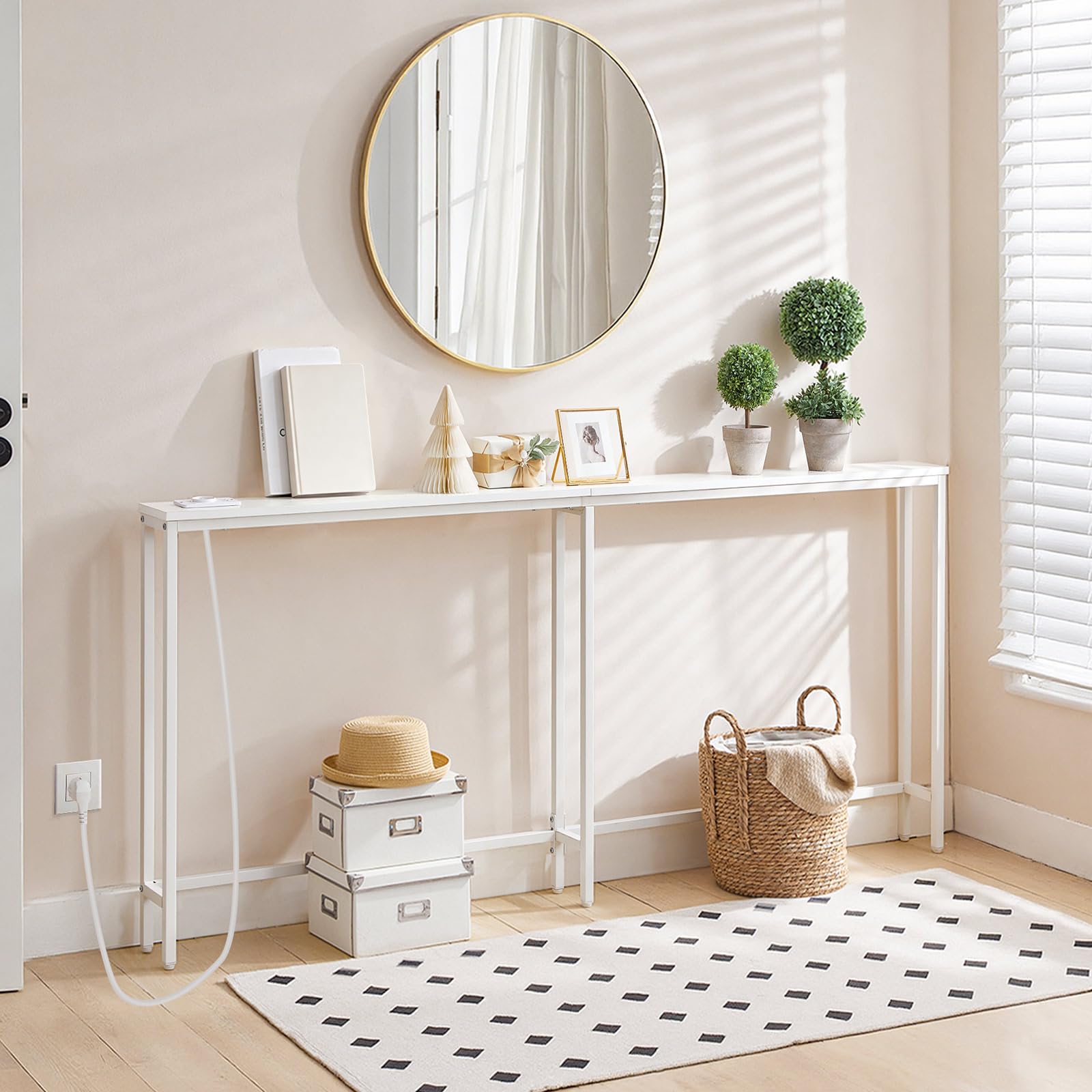 HOOBRO Console Meuble avec multiprise, Table Console avec Station de Charge, Bout de Canapé étroit, Console derrière Le canapé, pour entrée, Couloir, Hall, Blanc EWT185CXG01