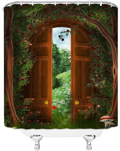 Miniatura 3 de Cortina de ducha con diseño de bosque verde, puerta de madera, jardín, árbol, casa, cuento de hadas, paisaje natural, baño, ganchos de tela de