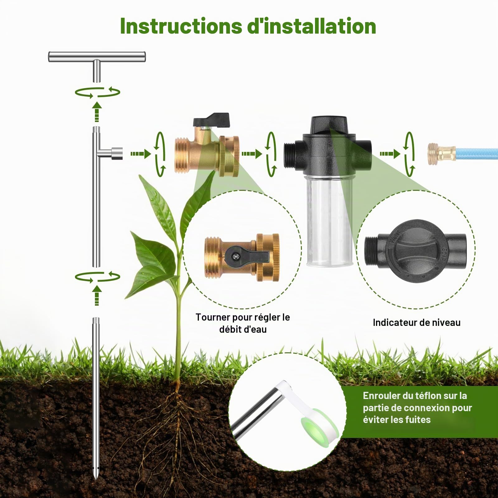Système d’Arrosage Profond en Acier Inoxydable, 81,3 cm avec Bouteille d’Engrais et Valve en Laiton, Poignée en T, Outil d’Irrigation pour Plantes, Légumes, Fleurs, l'agriculture (Plata + Negro)