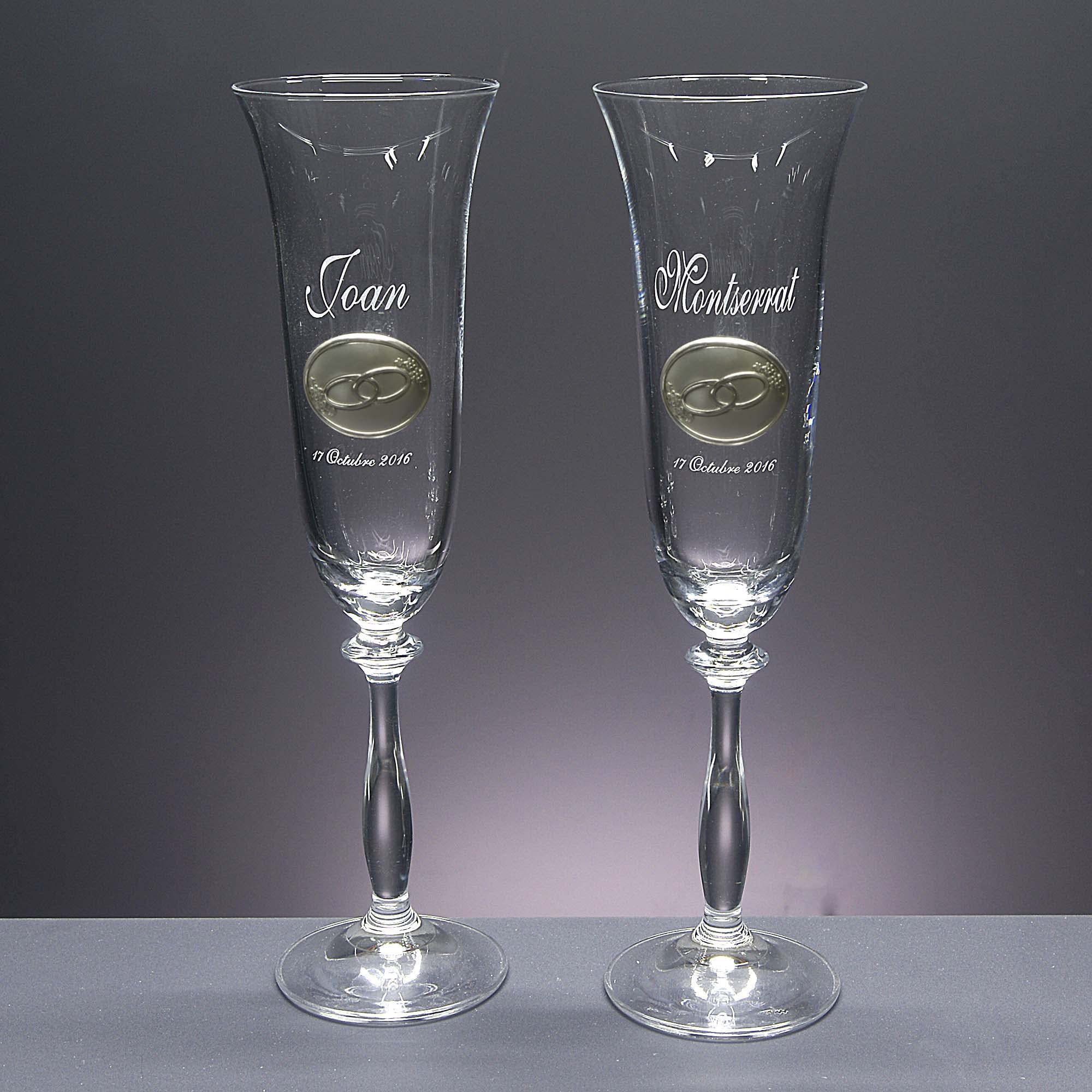 Gala&K | Set de 2 copas de cristal para champán | Para novios | Bodas de plata/oro | Aniversarios | Aplique bilaminado | Colección ANGELA-ALIANZAS+GRABADO LASER | Grabación personalizada.