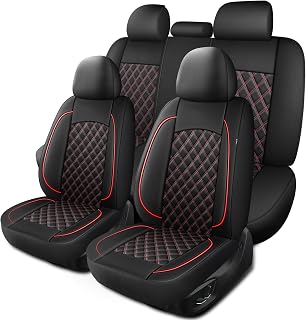 HChengkikz Breathable Waterproof Nappa Leather Full Set Car Seat Covers - Universal Fit for Sedans SUVs Trucks Vans (Black + Red)