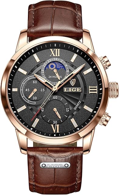 LIGE Mens Watch Chronograph Analog Quartz Leather Strap Wrist Watches