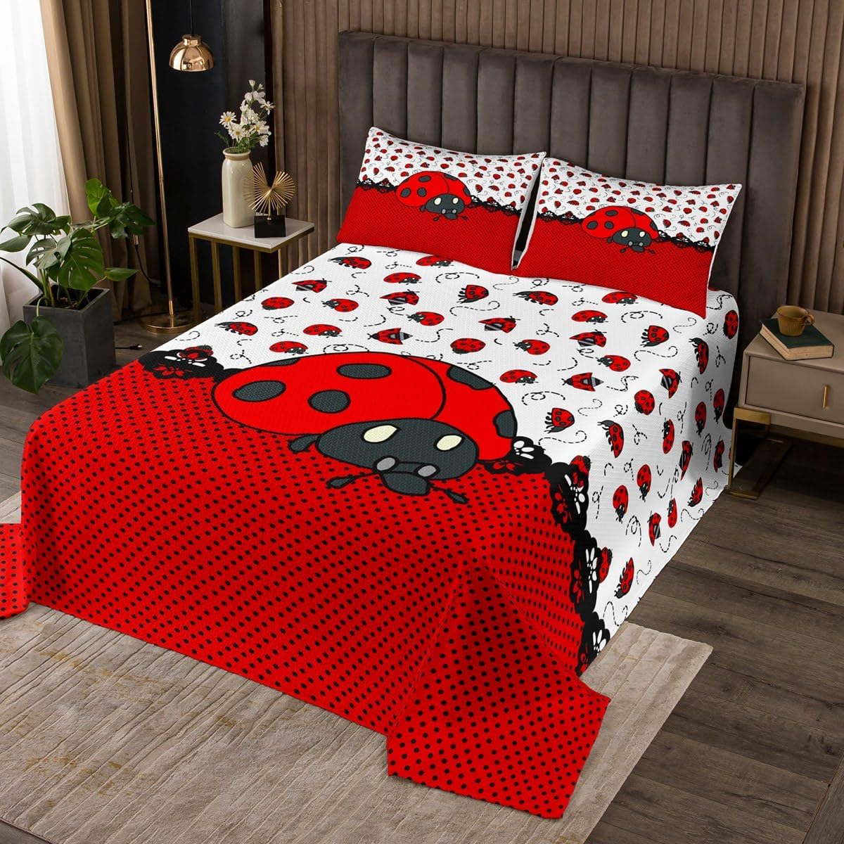 Castle Fairy Cute Ladybugs Bedspread Twin Size,Red Black Entomology Dots Bedding Set 2pcs for Kids Girls Women Room Decor,Cartoon Animals Comforter Set Vivid Natural Quilt Set,1 Pillowcase