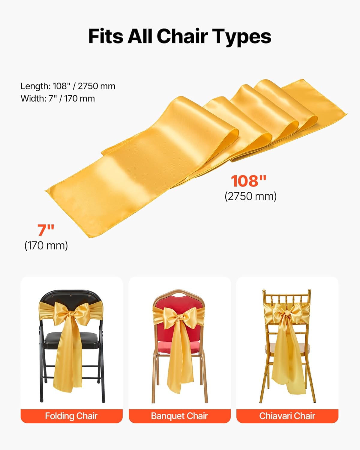 VEVOR Satin Chair Sashes Bows, Chair Ribbon Ties Back Sash, 7 x 108 inch, Wedding Reception Decoration, for Wedding Ceremony Baby Shower Party Events Banquet Cover Decoration (Gold, 100pcs)
