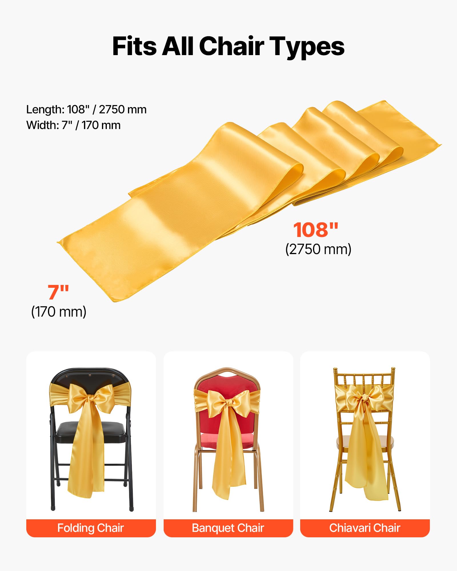 VEVOR Nœud de Chaise en Satin Luxueux Doré Lot de 100 Pièces, 17 x 275 cm, Bandeau de Chaise pour Mariage, Cérémonie, Fête