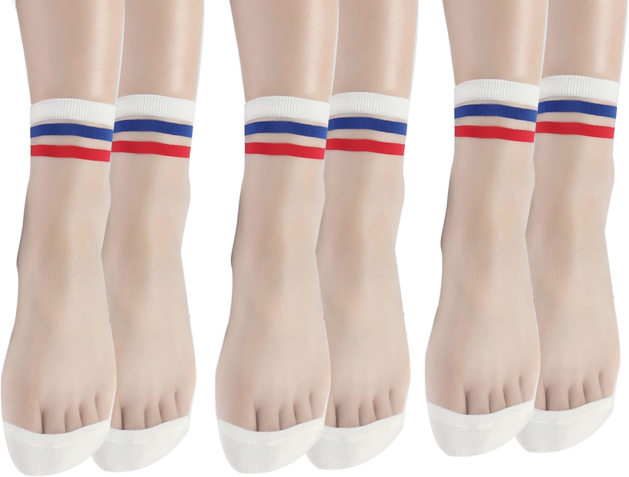 CRIZANWomens Blue and Red Stripe Ultrathin Transparent Crystal Silk Elastic Socks