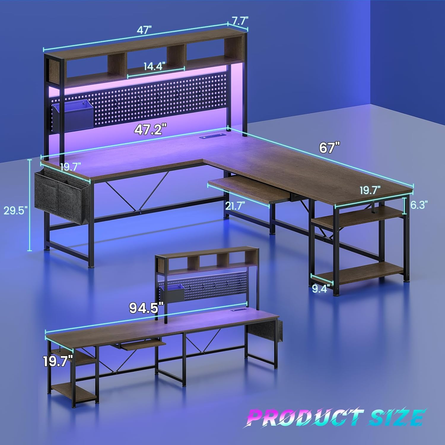 Diagram showing the dimensions of the L-shaped desk and the straight desk configurations.