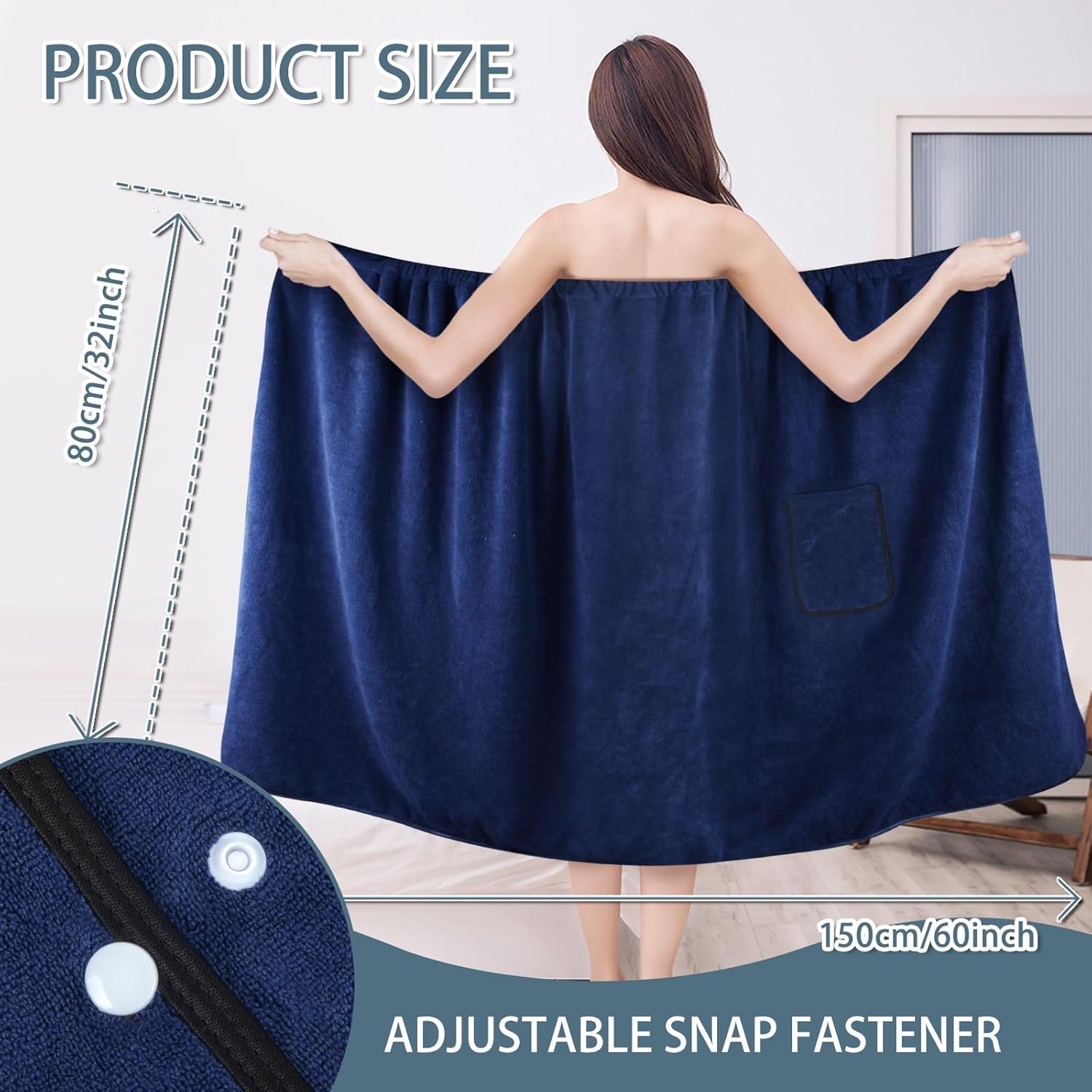 SINLAND Women's Spa Wrap Microfiber Lightweight Knee Length Bath Body Wrap Shower Towels with Adjustable Closure 32 Inch x 60 Inch Navy Blue