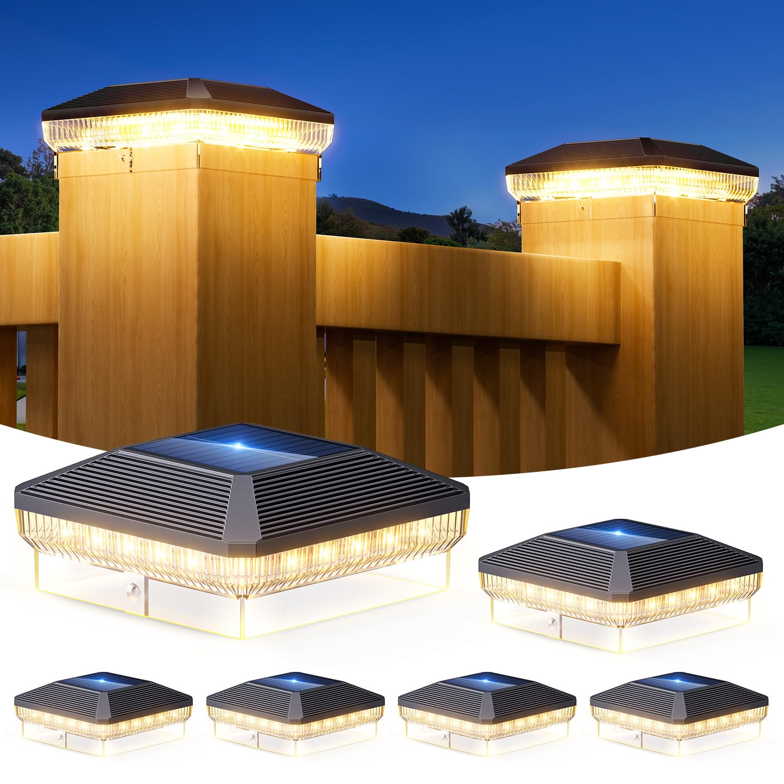 6 Pack Solar Post Cap Lights Outdoor with 3 Modes, 40 LEDs 4x4 Fence Post Solar Lights Outdoor Waterproof, 30 Lumens Fence Deck Post Lights Solar Powered for 4x4 3.5x3.5 Vinyl Wooden Post