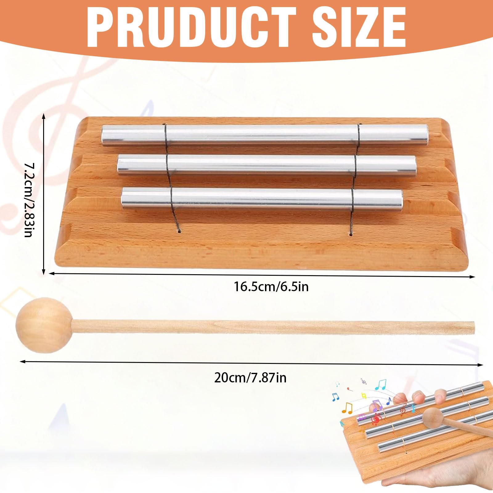 Chime Energy - Varilla de sonido de 3 tonos con mazo de madera, carillón para niños, para profesores, clases de música, meditación y yoga