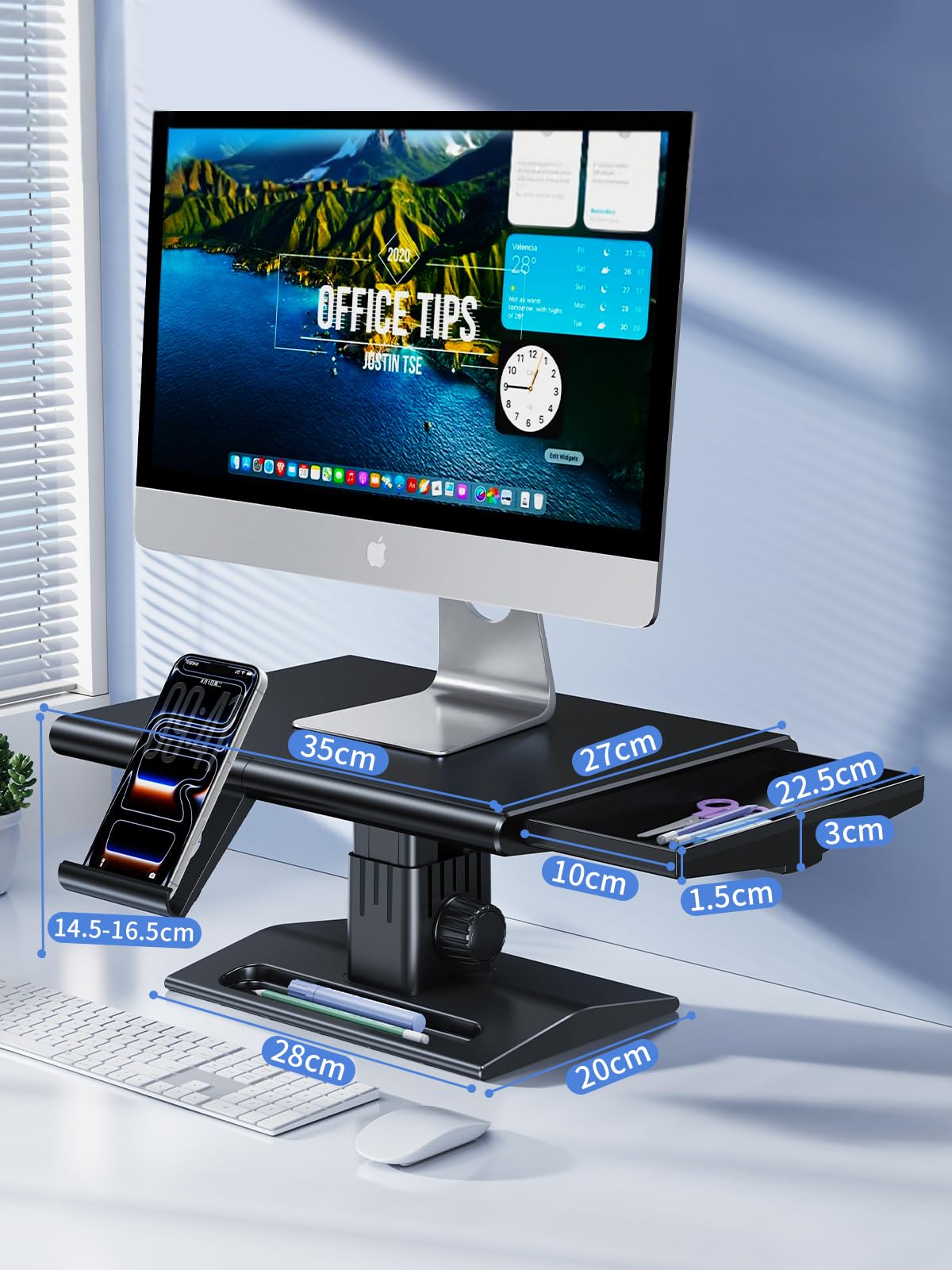 Stojak na monitor, regulacja wysokości, podwyższenie, biurko, z szufladami i uchwytem na telefon komórkowy, ergonomiczny stojak do komputera, laptopa, komputera, telewizora