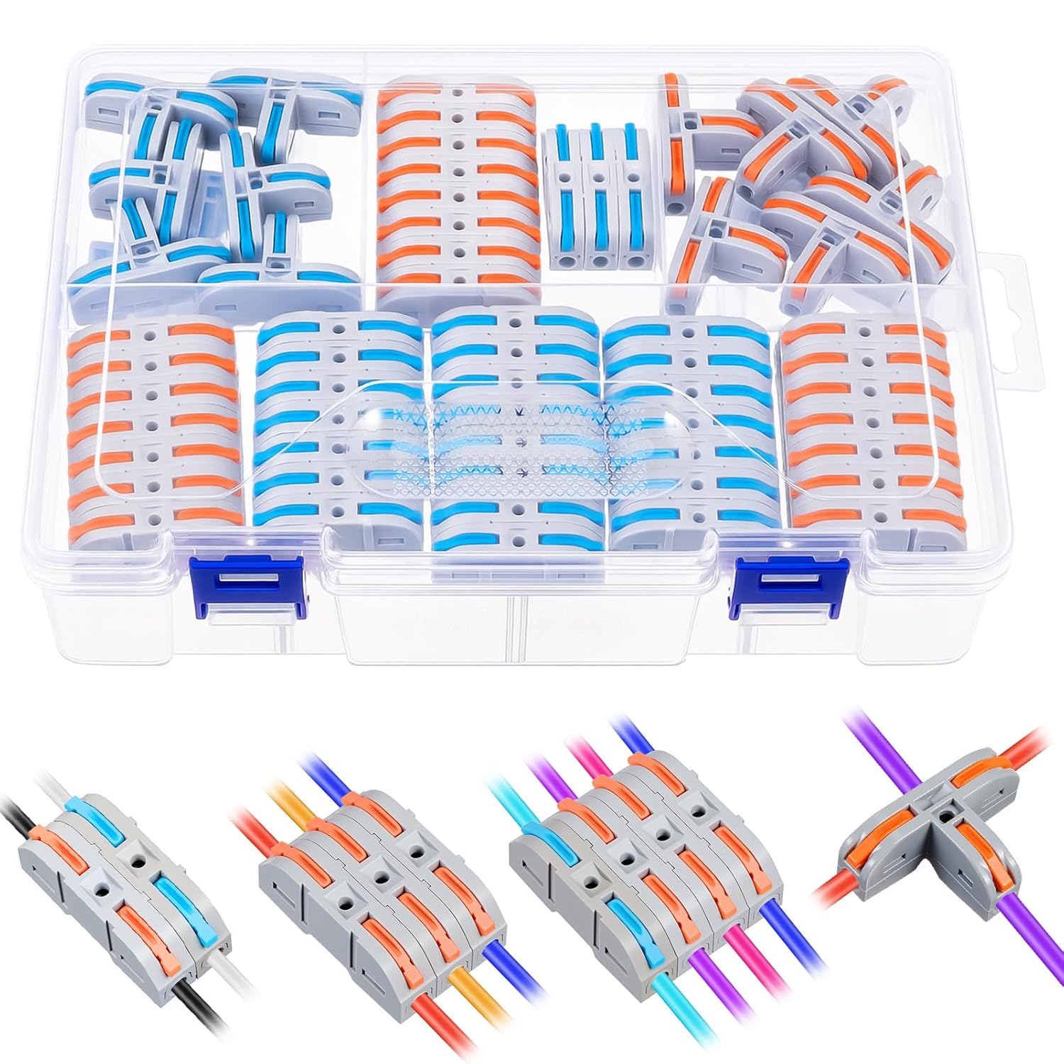 Relaxweex 80 Pcs Lever Wire Connectors Nuts 60 Pcs 1 in 1 Out Compact Splicing Wire Connectors and 20 T-Shape 3 Way Push in Electrical Splicing Kit, Inline Terminals 28-12 Awg, with 1 Box